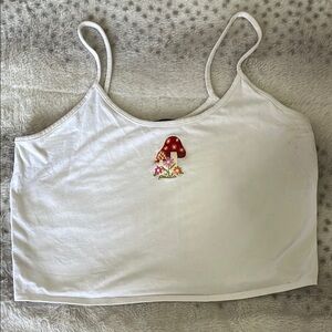 White Spaghetti Strap Crop Top L mushroom embroidery front Zoomies Petals 🍄